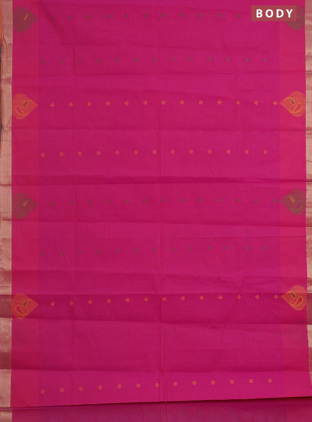 Nithyam cotton saree pink and rust shade with allover checks & thread buttas and zari woven border
