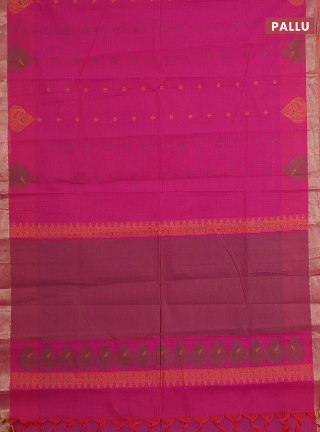 Nithyam cotton saree pink and rust shade with allover checks & thread buttas and zari woven border