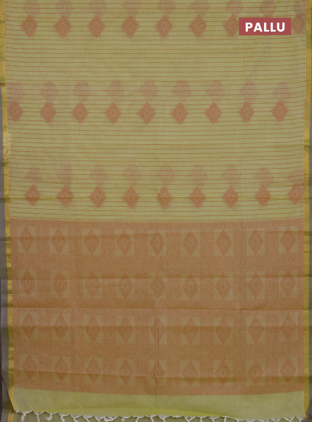 Nithyam cotton saree pista green and grey with allover thread weaves and zari woven simple border