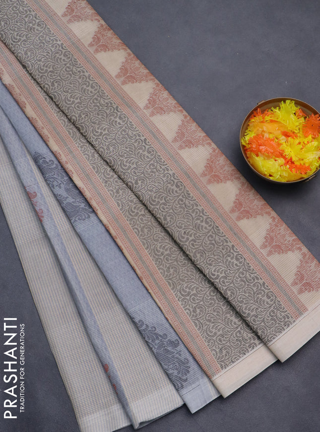 Nithyam cotton saree grey and beige with self emboss & thread woven buttas and simple border