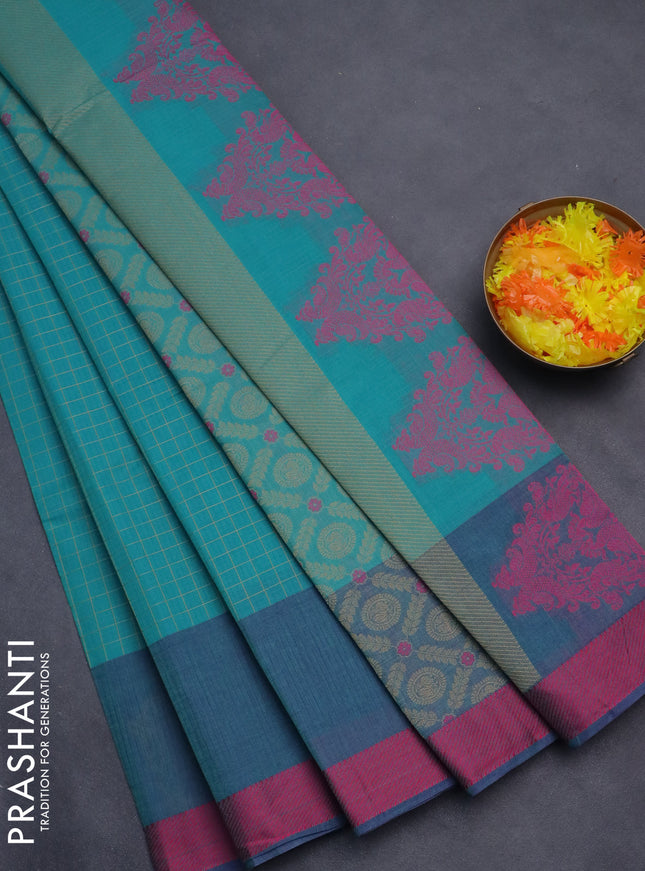 Nithyam cotton saree teal green and dual shade of peacock green with allover thread checked pattern and thread woven butta border