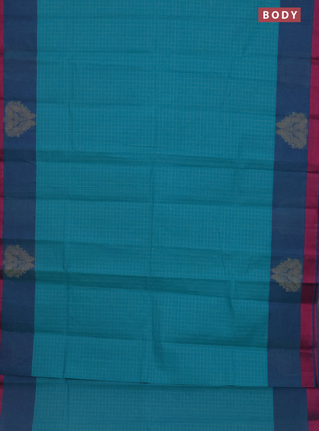 Nithyam cotton saree teal green and dual shade of peacock green with allover thread checked pattern and thread woven butta border