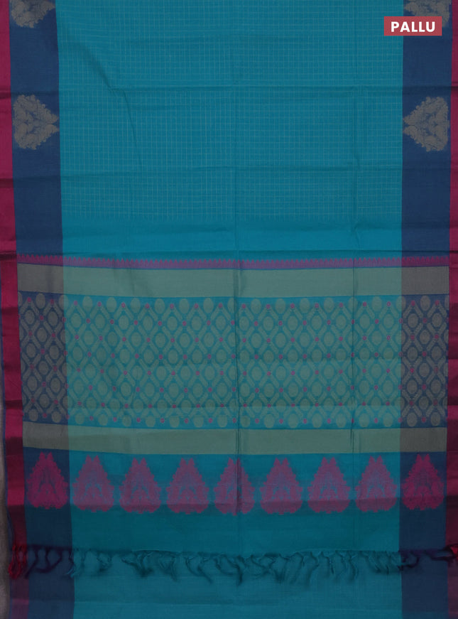 Nithyam cotton saree teal green and dual shade of peacock green with allover thread checked pattern and thread woven butta border