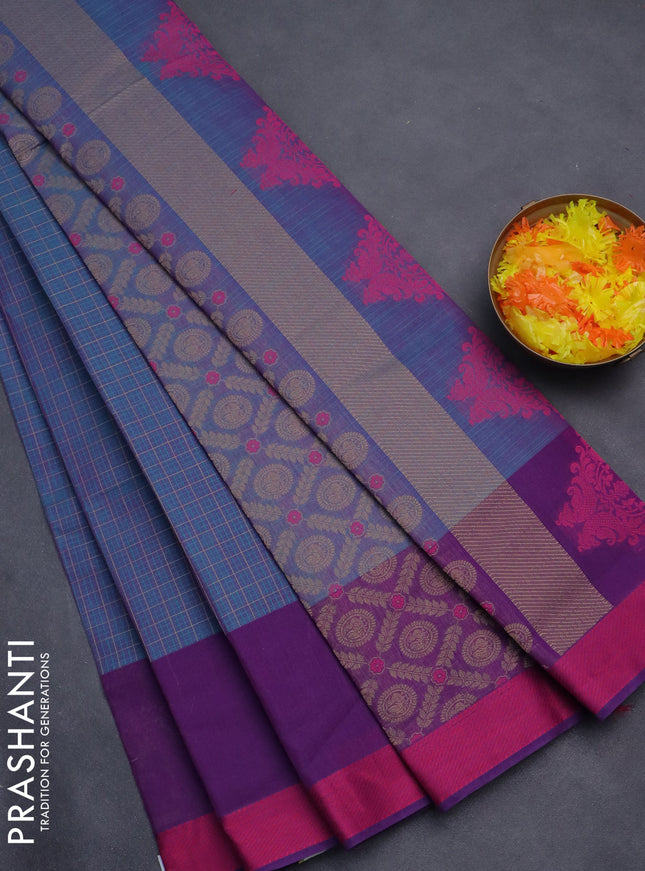 Nithyam cotton saree dual shade of blue and purple with allover thread checked pattern and thread woven butta border