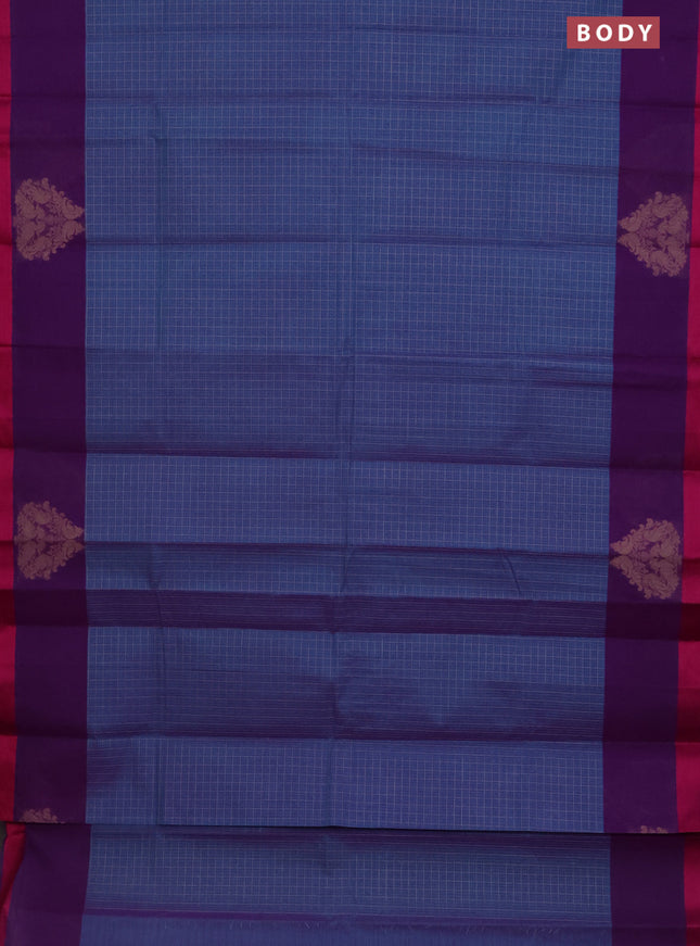 Nithyam cotton saree dual shade of blue and purple with allover thread checked pattern and thread woven butta border
