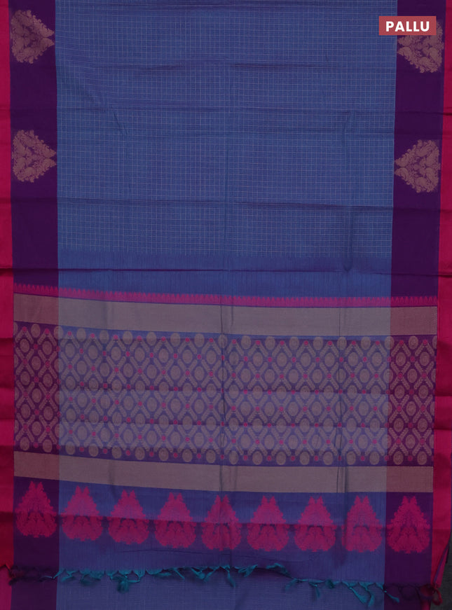 Nithyam cotton saree dual shade of blue and purple with allover thread checked pattern and thread woven butta border