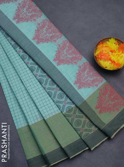 Nithyam cotton saree teal blue and green shade with allover thread checked pattern and thread woven butta border