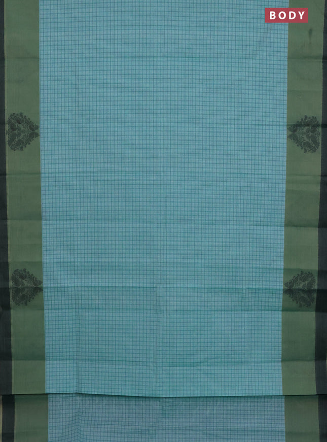 Nithyam cotton saree teal blue and green shade with allover thread checked pattern and thread woven butta border