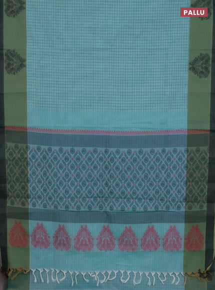 Nithyam cotton saree teal blue and green shade with allover thread checked pattern and thread woven butta border