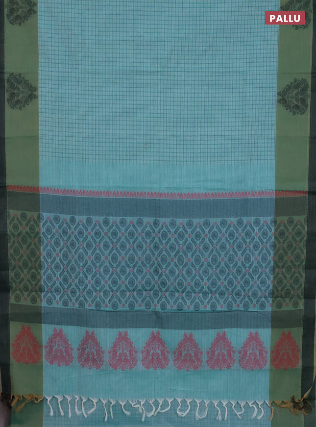 Nithyam cotton saree teal blue and green shade with allover thread checked pattern and thread woven butta border