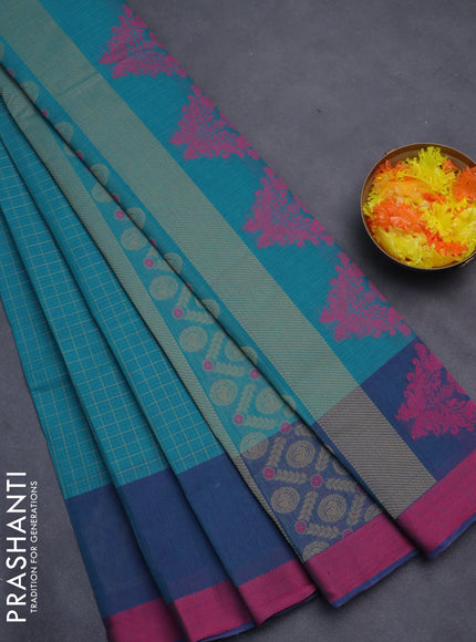 Nithyam cotton saree teal green and peacock blue with allover thread checked pattern and thread woven butta border