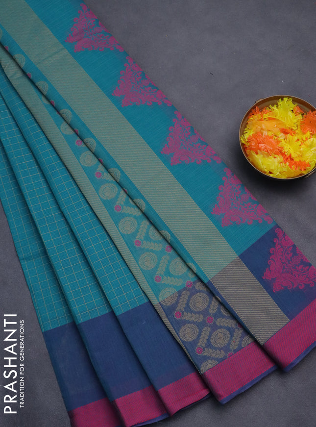 Nithyam cotton saree teal green and peacock blue with allover thread checked pattern and thread woven butta border