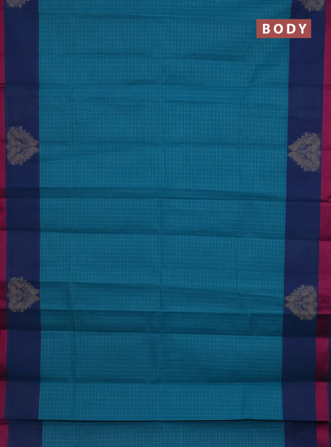 Nithyam cotton saree teal green and peacock blue with allover thread checked pattern and thread woven butta border