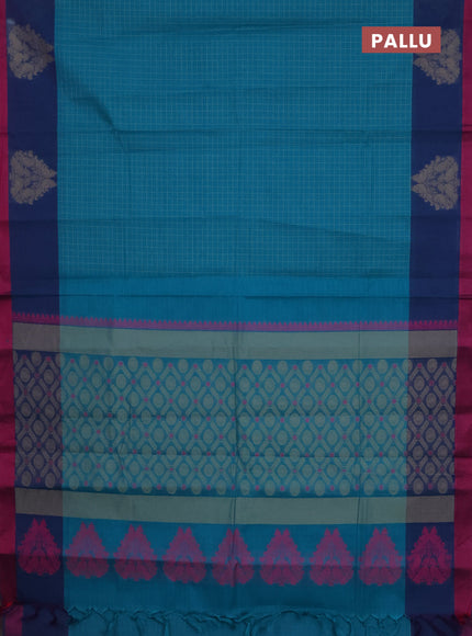 Nithyam cotton saree teal green and peacock blue with allover thread checked pattern and thread woven butta border