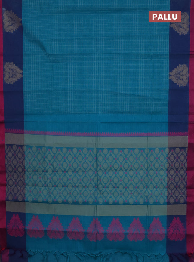Nithyam cotton saree teal green and peacock blue with allover thread checked pattern and thread woven butta border