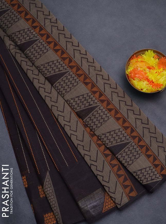 Nithyam cotton saree brown with allover thread weaves and thread woven butta border