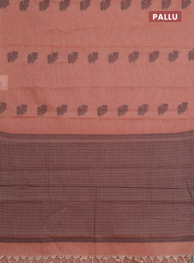 Nithyam cotton saree rust shade with allover thread checked pattern & buttas in borderless style