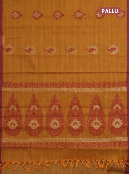 Nithyam cotton saree mustard yellow and maroon with allover thread weaves & zari buttas and simple border