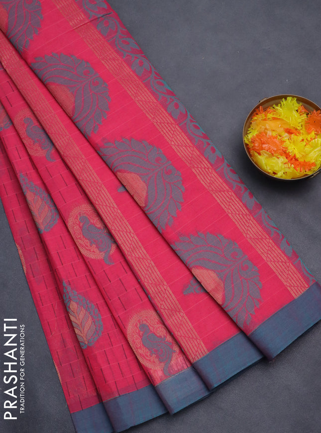 Nithyam cotton saree pink and teal blue with allover thread weaves & zari buttas and simple border