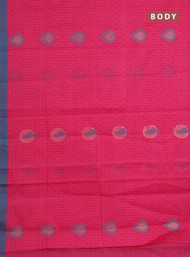 Nithyam cotton saree pink and teal blue with allover thread weaves & zari buttas and simple border