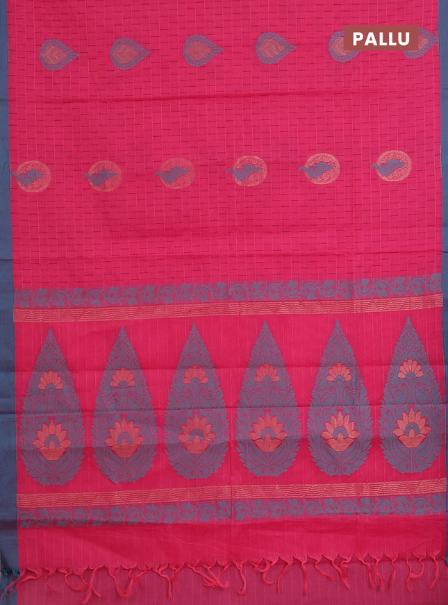 Nithyam cotton saree pink and teal blue with allover thread weaves & zari buttas and simple border