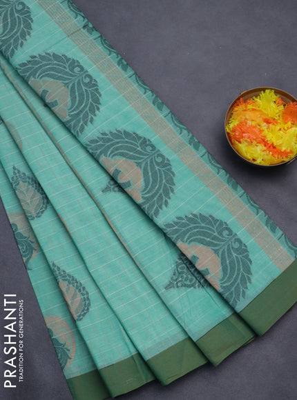 Nithyam cotton saree teal green and green with allover thread weaves and simple border