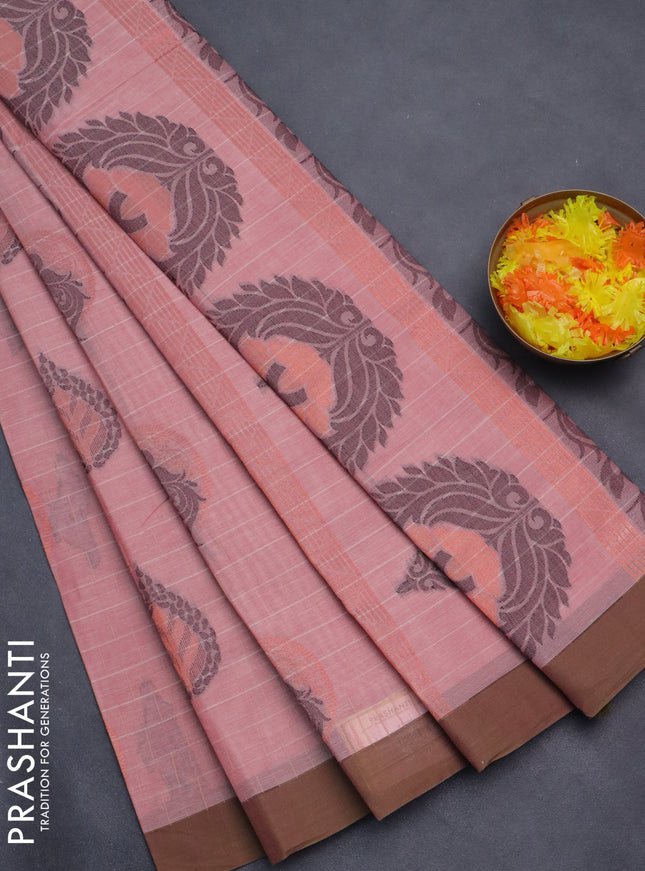 Nithyam cotton saree peach pink with allover thread weaves and simple border