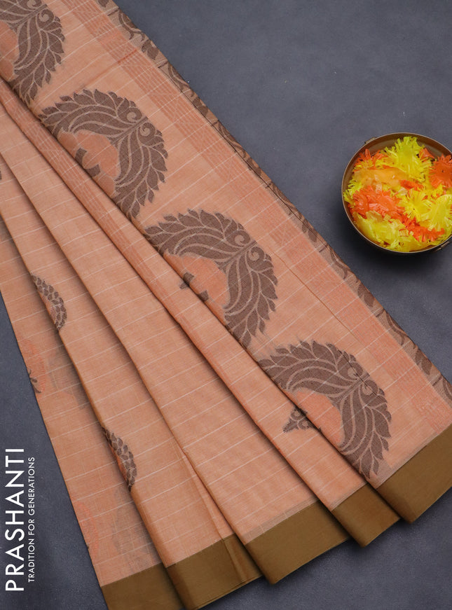 Nithyam cotton saree pale orange and mehendi green with allover thread weaves and simple border