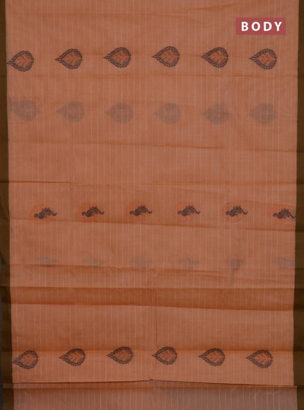 Nithyam cotton saree pale orange and mehendi green with allover thread weaves and simple border