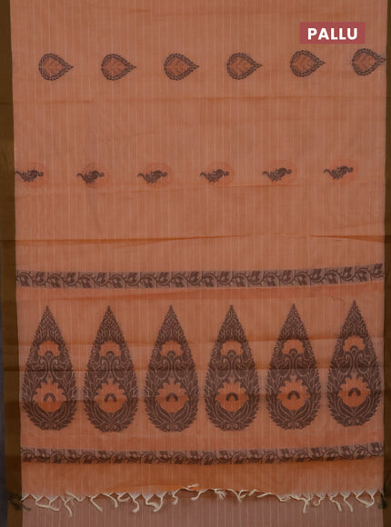 Nithyam cotton saree pale orange and mehendi green with allover thread weaves and simple border