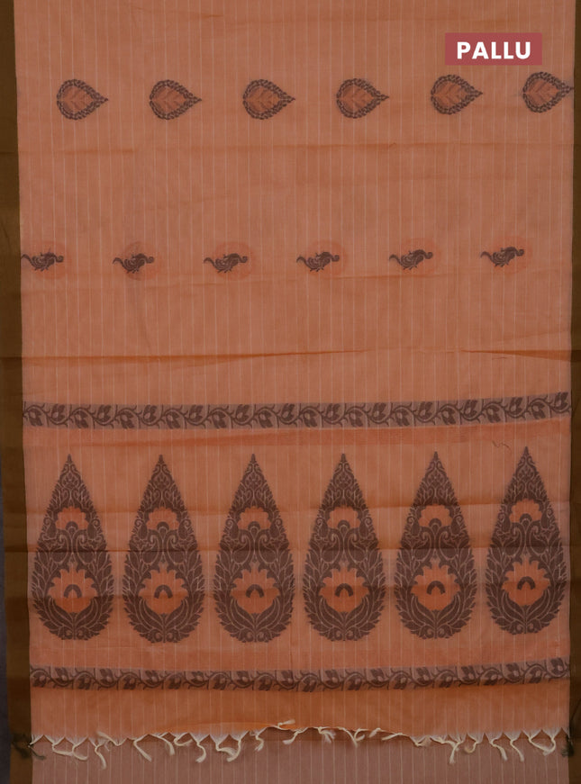 Nithyam cotton saree pale orange and mehendi green with allover thread weaves and simple border