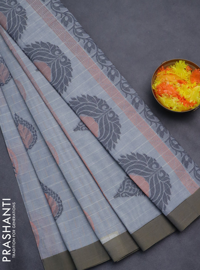 Nithyam cotton saree grey with allover thread weaves and simple border