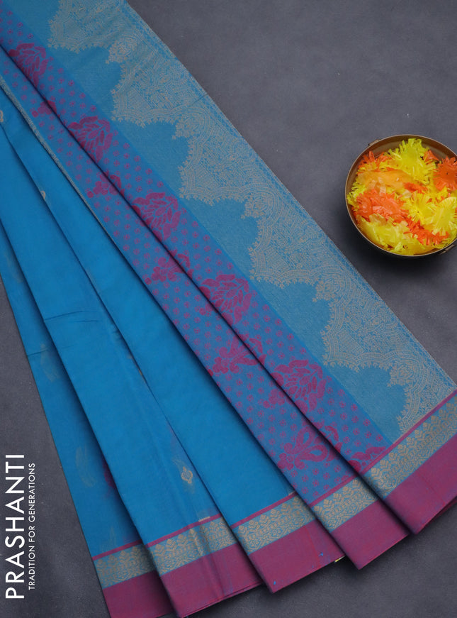 Nithyam cotton saree cs blue and magenta pink with thread woven buttas and thread woven simple border
