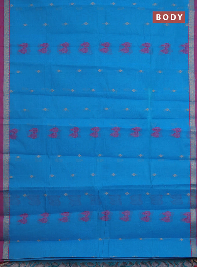 Nithyam cotton saree cs blue and magenta pink with thread woven buttas and thread woven simple border