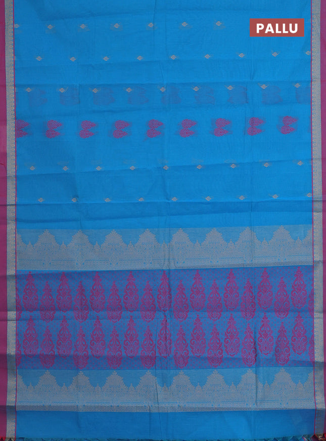 Nithyam cotton saree cs blue and magenta pink with thread woven buttas and thread woven simple border