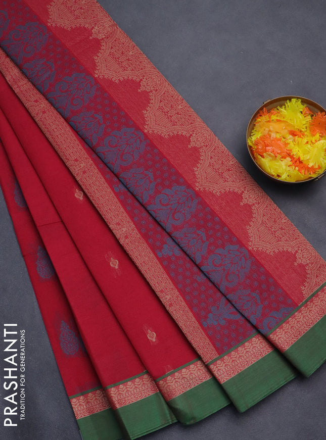 Nithyam cotton saree maroon and green with thread woven buttas and thread woven simple border