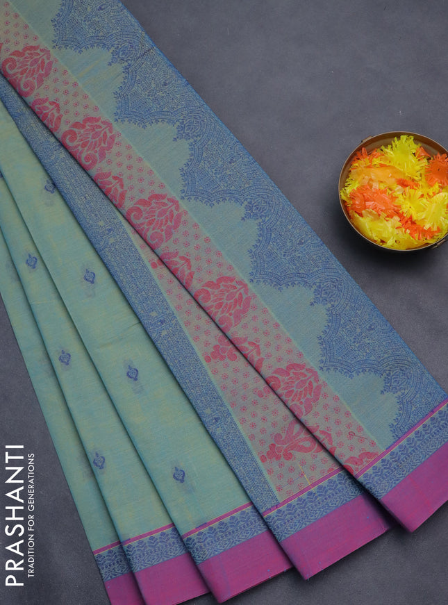 Nithyam cotton saree teal blue shade and magenta pink with thread woven buttas and thread woven simple border
