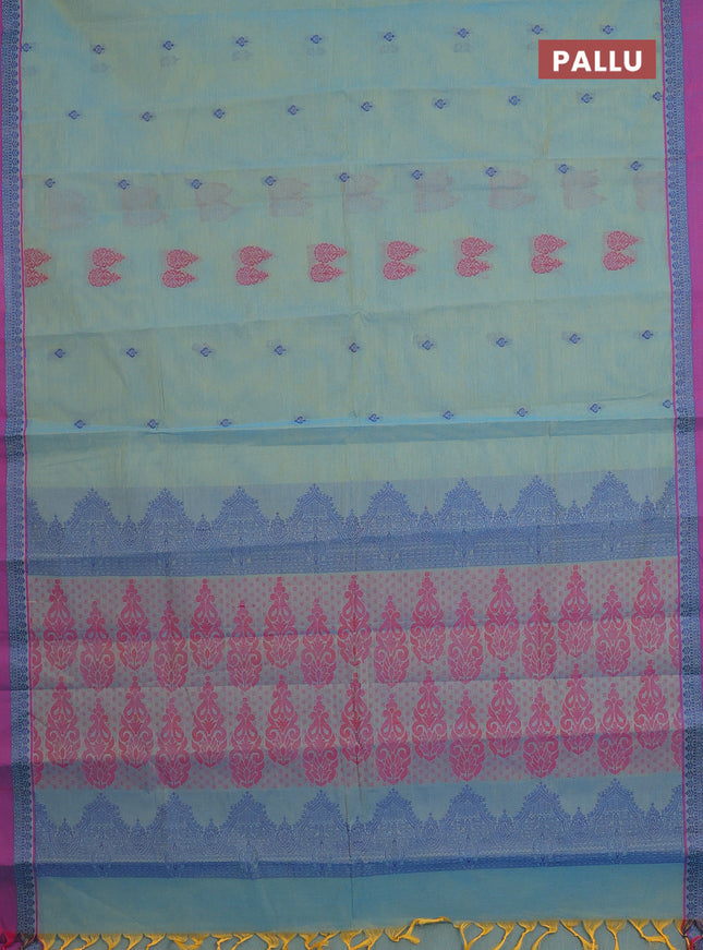 Nithyam cotton saree teal blue shade and magenta pink with thread woven buttas and thread woven simple border