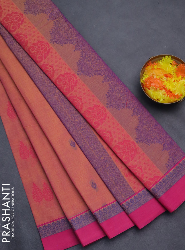 Nithyam cotton saree dual shade of yellowish pink and pink with thread woven buttas and thread woven simple border