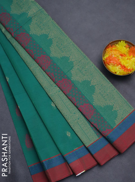 Nithyam cotton saree green and maroon with thread woven buttas and thread woven simple border