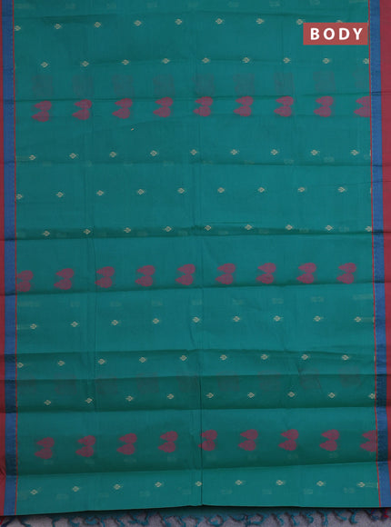 Nithyam cotton saree green and maroon with thread woven buttas and thread woven simple border