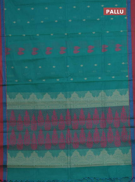Nithyam cotton saree green and maroon with thread woven buttas and thread woven simple border