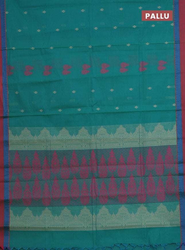 Nithyam cotton saree green and maroon with thread woven buttas and thread woven simple border