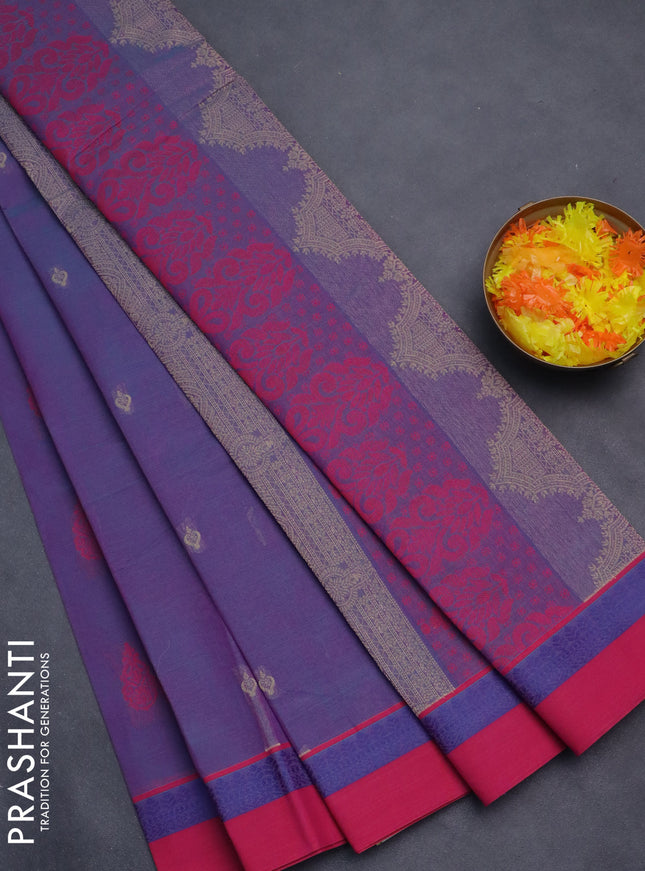 Nithyam cotton saree dual shade of bluish pink and pink with thread woven buttas and thread woven simple border