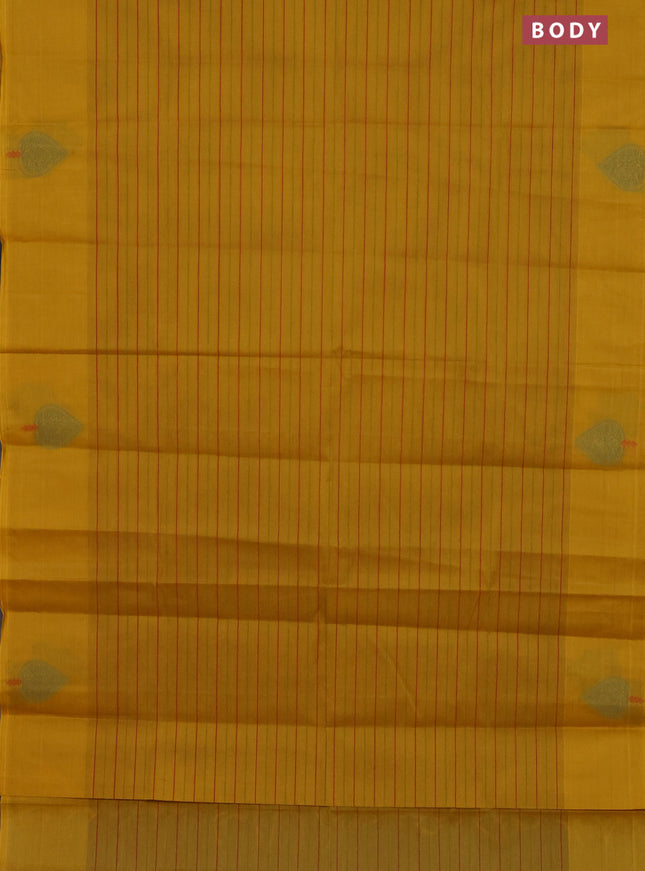 Nithyam cotton saree mustard yellow with allover stripe pattern and thread woven butta border