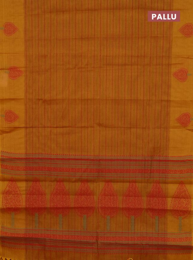 Nithyam cotton saree dark mustard with allover stripe pattern and thread woven butta border