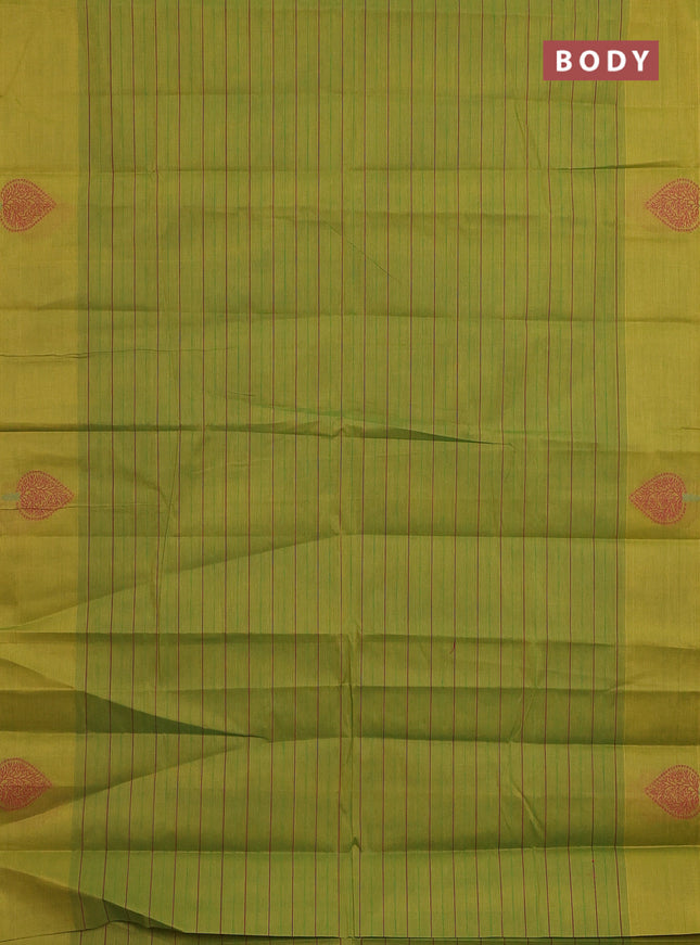 Nithyam cotton saree lime green with allover stripe pattern and thread woven butta border