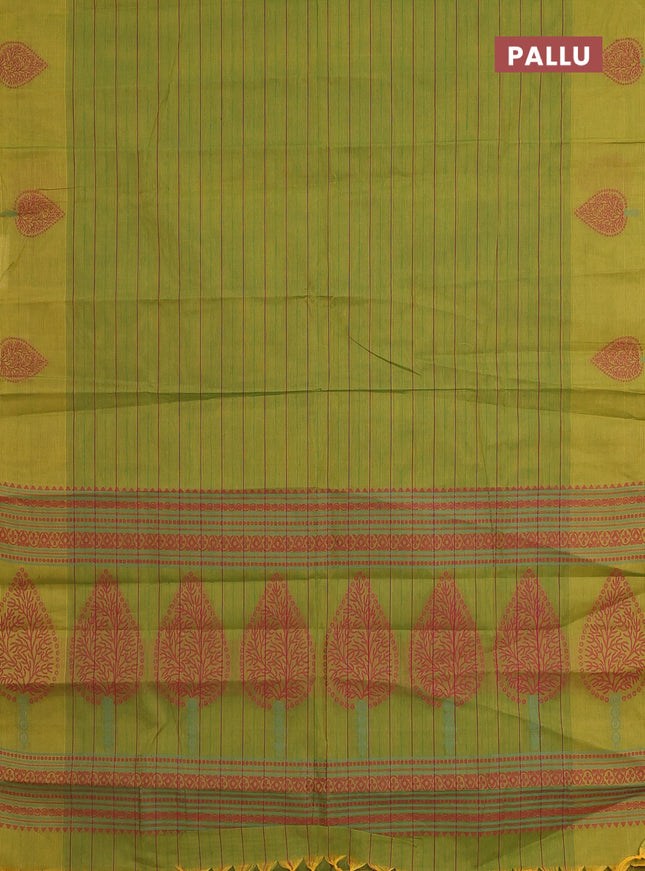 Nithyam cotton saree lime green with allover stripe pattern and thread woven butta border