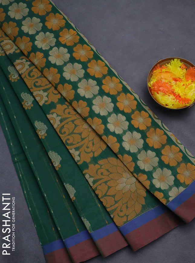 Nithyam cotton saree green and maroon with thread woven buttas and simple border