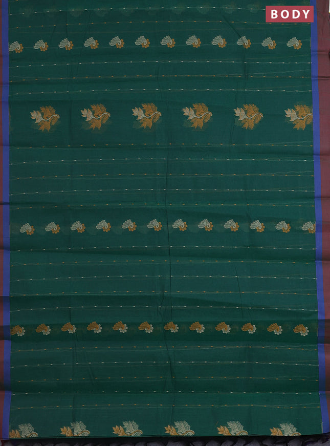 Nithyam cotton saree green and maroon with thread woven buttas and simple border